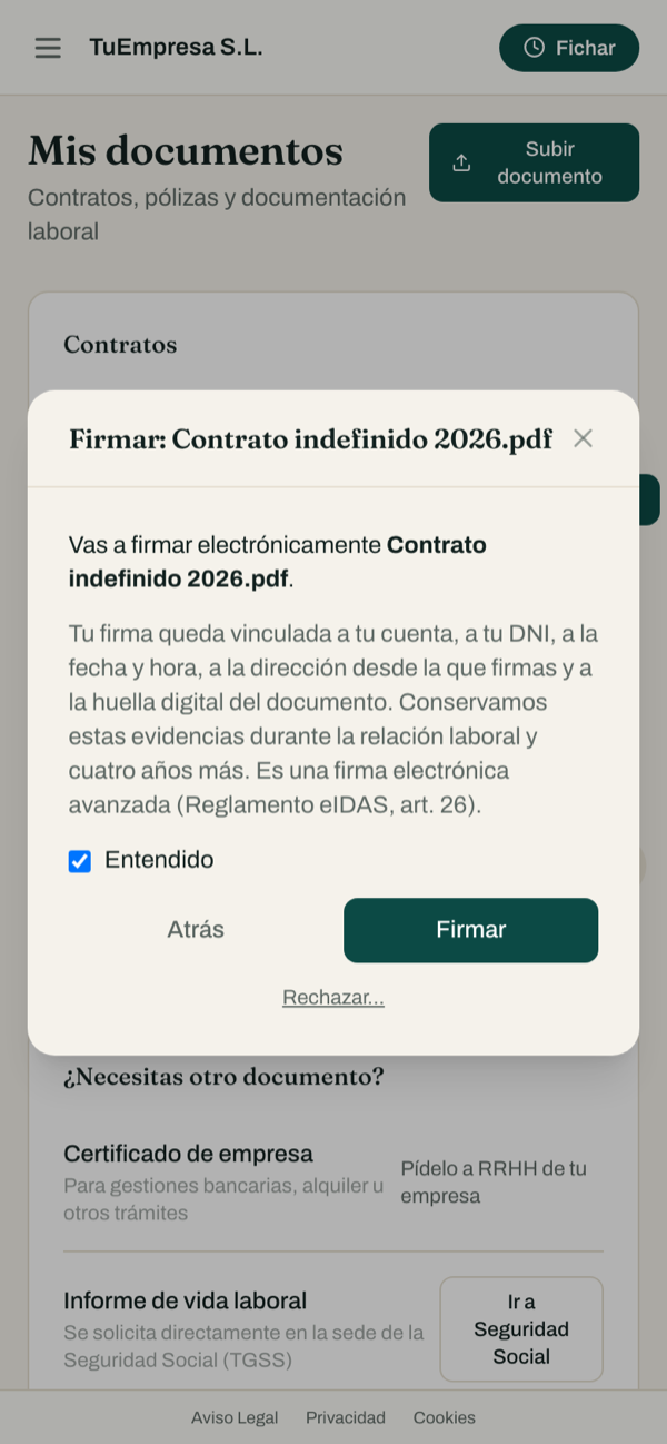 Documento pendiente de firma en el móvil del empleado
