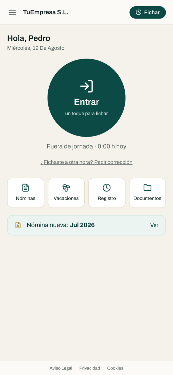 Portada de fichaje en el móvil con el botón Entrar
