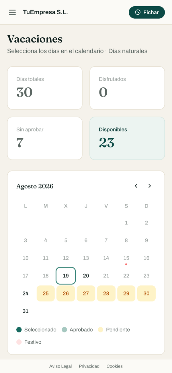 Calendario de vacaciones y solicitud desde el móvil